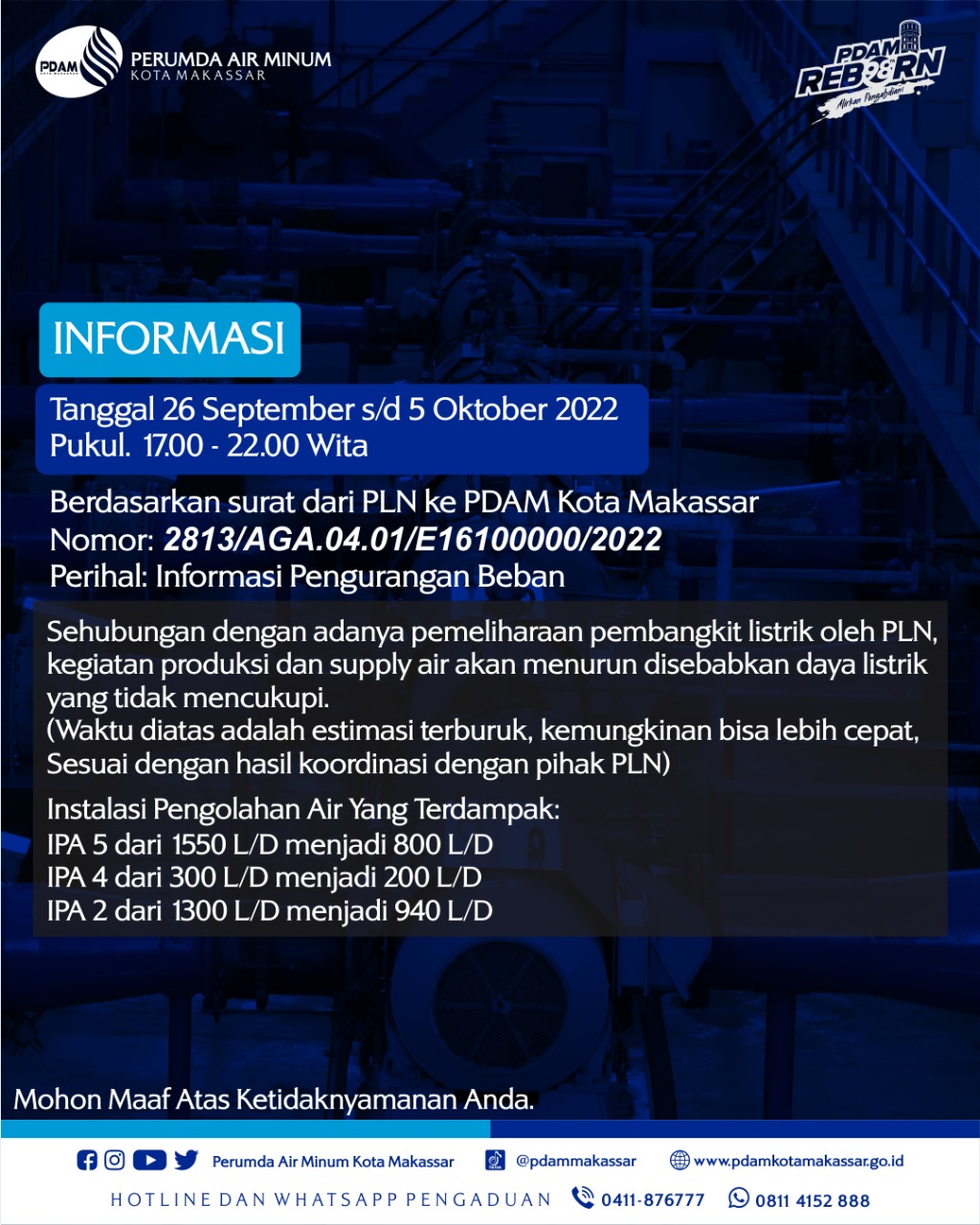 PLN Lakukan Pemeliharaan Listrik, PDAM Mohon Maaf Karena Suplai Air Bersih akan Berkurang